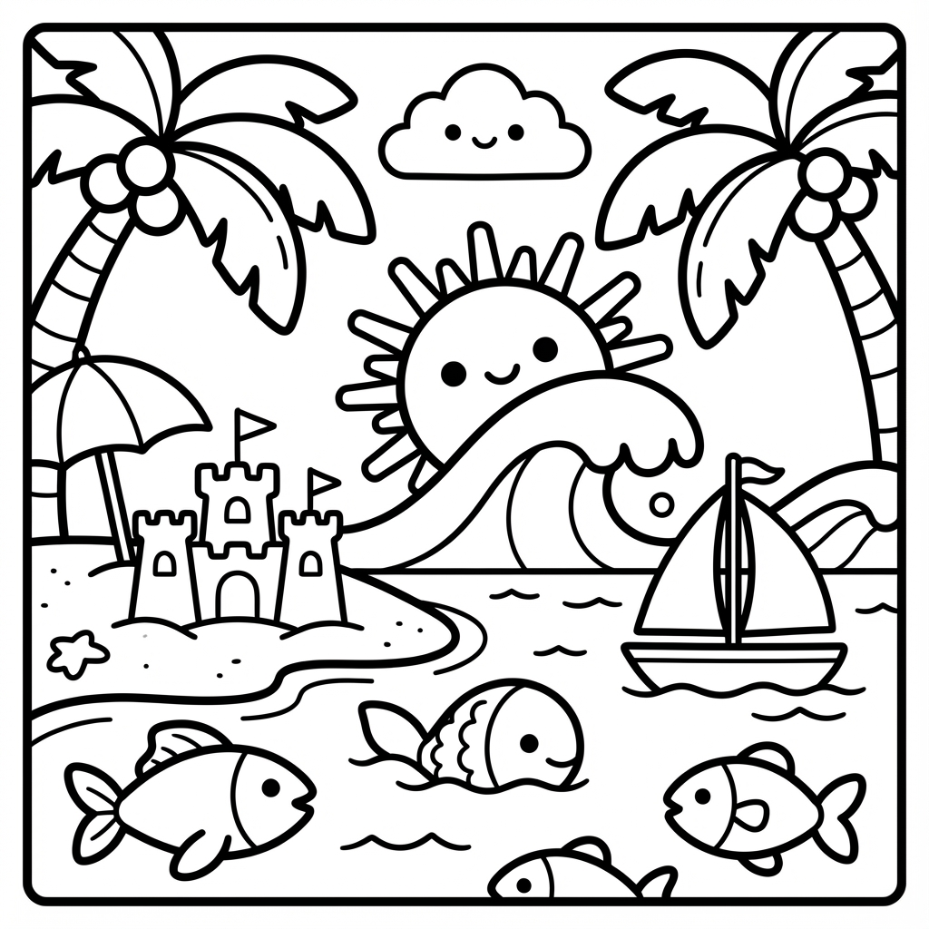 Sunny beach scene with palm trees, a sandcastle, and a sailboat, designed for bold line coloring pages and easy color-in pages wide lines.